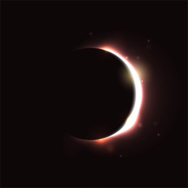 Güneş tutulması kavramı. Açık altın ay arka planda parıldıyor. Karanlık uzayda güneş veya gezegen tutulması. Sıcak sarı turuncu yıldız yüzeyi ışınlar ve ışınlar ile parlar. Vektör hilal çizimi