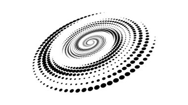 Spiral noktalı çizgi elementi. Radyal yarım ton dönme dokusu. Dönen noktalar perspektifte şekillenir. Poster, afiş, logo, ikon, kolaj, sunum, amblem için siyah soyut arkaplan. Vektör