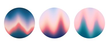 Yuvarlak dalgalı gradyan arka plan seti. Bulanık sıvı dalga duvar kağıdı koleksiyonu. Yeşil pembe, yanardöner, soyut çember arkaplan. Pankart, el ilanı, kapak, poster, kolaj için vektör pastel şablonu