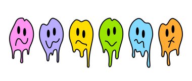 Renkli erimiş gülücükler. Çizgi film trippy Smiley Illustrations koleksiyonu. Parmak izleri, posterler, çıkartmalar için tasarım elemanı. Vektör