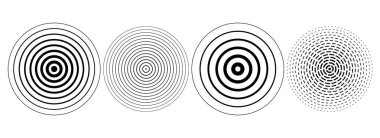 Siyah eşmerkezli dalgalanma çemberleri ayarlandı. Noktalı sonar ya da ses dalgası halkaları koleksiyonu. Epicentre, hedef, radar ikonu konsepti. Radyal sinyal ya da titreşim elementleri. Yarıton vektörü