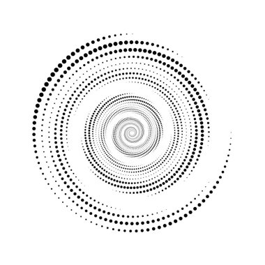Noktalı spiral çizgiler elemanı. Radyal yarım ton dönme formu. Daire şeklinde girdap şeklinde. Poster, afiş, logo, simge, kolaj, sunum, kitapçık için soyut geometrik tekerlek. Vektör optik sanat