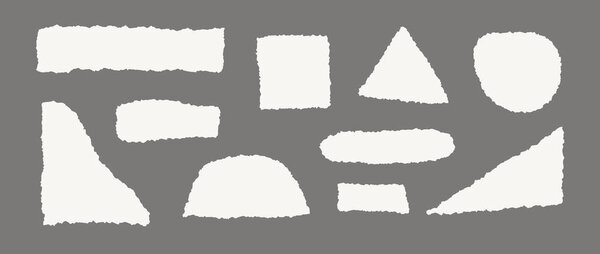 Порванный бумажный набор. Бежевые фигуры с зубчатыми краями. Разорванный прямоугольник, квадрат, круглый, треугольник штук коллекции. Набор текстурированных гранж элементов для коллажа, текстового поля, баннера, наклейки, плаката. Вектор