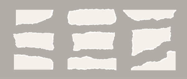 Набор рваных бумажек. Светло-бежевые формы с неровными краями. Разнообразная коллекция фрагментов бумаги. Набор текстурированных гранж элементов для коллажа, текстового поля, баннера, наклейки, плаката. Вектор