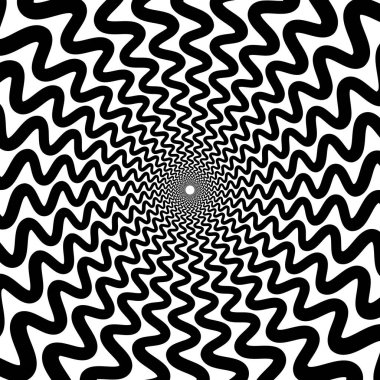 Optik illüzyon arka planı. Siyah ve beyaz soyut dalgalı çizgiler yüzeye çıkıyor. Radyal dalga poster tasarımı. Torsiyon spiral illüzyon duvar kağıdı. Vektör süslemesi