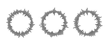 Radyal ses dalgaları koleksiyonu. Yuvarlak müzik eşitleyici bar seti. Siyah doğrusal ses haritası paketi. Podcast, uygulama, oyuncu için soyut radyo ve ses sinyali sembolü veya simgesi. Vektör ögesi paketi.