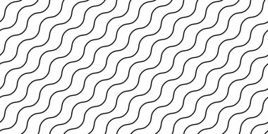 Dalgalı çizgiler pürüzsüz desen. Çizgileri tekrar eden arkaplanı düzensiz hale getir. Siyah ve beyaz köşegen dalga dokusu. Basit kıvrımlı doğrusal duvar kağıdı. Tekstil ve kumaş tasarım şablonu. Vektör