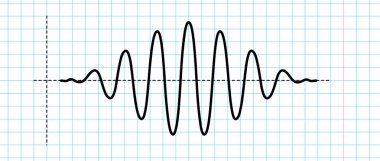 Mavi şebeke kağıdındaki sinüzoit itici sinyal. Damalı kağıtta siyah eğri ses dalgası. Ses ya da müzik konsepti. Okul defterindeki nabız çizgisi. Sinüs elektronik radyo grafiği. Vektör