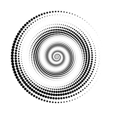 Noktalı spiral çizgiler elemanı. Radyal sarmal yarım ton formu. Daire şeklinde girdap şeklinde. Poster, afiş, logo, simge, kolaj, sunum, kitapçık için dönen geometrik çark. Vektör optik sanat