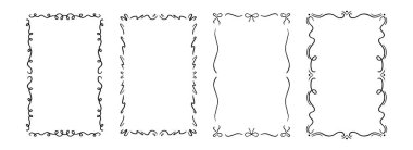 El çizimi dalgalı çerçeve. Romantik kıvırcık kurdele koleksiyonu. Şirin, karalanmış kadraj çerçeveleri. Davetiye, düğün, doğum günü, karşılama tasarımı için eğri büğrü eğri büğrü sınır paketi