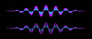 Bir çift mor mavi eğimli ses dalgası. İki neon mavisi sinüzoit çizgi. Broşür, poster ve afiş için ses veya müzik tasarımı ögesi. Koyu arkaplandaki radyo sinyali grafikleri. Vektör