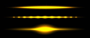 Altın neon bölme çizgileri ayarlandı. Sarı, parlak, yatay çizgiler koleksiyonu. Floresan altın ışık çizgileri paketlenmiş. Parlak lazer demetleri. Poster, afiş, kapak, dekorasyon için vektör ögeleri