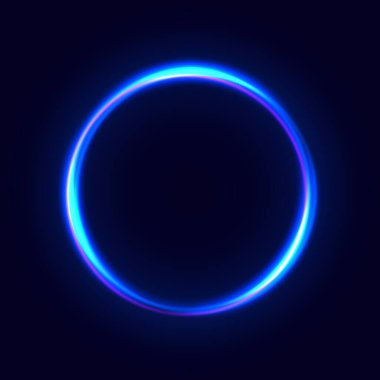 Mavi neon daire çerçeve. Işıldayan elektrik lambaları. Pankart, poster ve kapak için aydınlatılmış parlak tasarım unsuru. Dairesel işaret fişeği dairesel. Vektör illüstrasyonu 