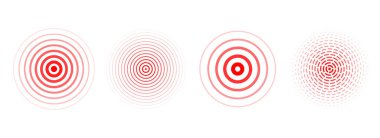 Kırmızı eşmerkezli dalga daireleri ayarlandı. Sonar ya da ses dalgası halkaları koleksiyonu. Epicentre, hedef, radar ikonu konsepti. Radyal sinyal ya da titreşim elementleri. Yarı ton noktalı ve çizgili vektör illüstrasyonu