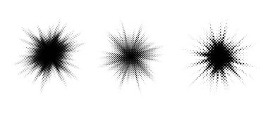 Yarım ton patlama elementi hazır. Pop art noktalı patlama koleksiyonu. Çizgi roman yıldızı grunge desen efektiyle parıldıyor. Soyut retro parlak yıldız parıltısı dekorasyon için. Vektör pikselli sıçrama paketi