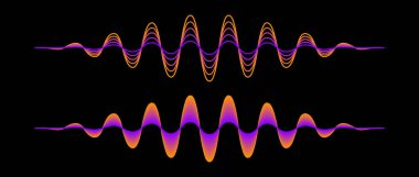 Bir çift mor turuncu ses dalgası. İki neon pembe sinüzoit çizgisi. Broşür, poster ve afiş için ses veya müzik tasarımı ögesi. Koyu arkaplandaki radyo sinyali grafikleri. Vektör