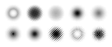 Yarım tonluk gradyan daire koleksiyonu. Noktalar yuvarlak desenli. komik radyal soluk arkaplan seti. Çerçeve, poster, kolaj, afiş ve broşür için soyut pikselleştirilmiş elementler. Vektör karikatür paketi