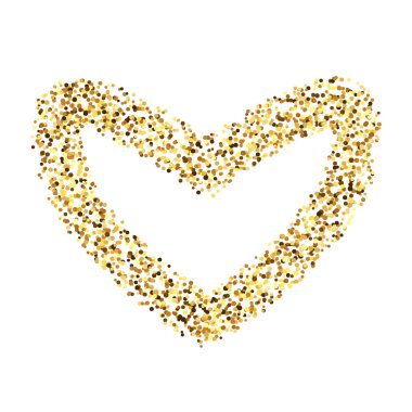 Altın konfeti kalp şeklinde. Parlak noktalı aşk geçmişi. Basit altın noktalar sınırı. Yarım tonluk ışıl ışıl sevgililer günü dekorasyonu. Vektör illüstrasyonu 