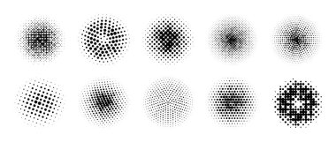 Yarım tonluk gradyan daire koleksiyonu. Siyah noktalı yuvarlak desenler. Çizgi roman solmuş arka plan seti. Çerçeve, poster, kolaj, afiş ve broşür için soyut pikselleştirilmiş elementler. Vektör karikatür paketi