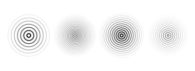 Siyah eşmerkezli dalgalanma çemberleri ayarlandı. Noktalı veya doğrusal ses dalgası halkaları koleksiyonu. Epicenter, hedef, radar, sonar ikonu konsepti. Radyal sinyal ya da titreşim elementleri. Yarıton vektör illüstrasyonu 