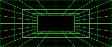 Yeşil neon kablo şebekesi odası. Üç boyutlu perspektif arka planı. Fütürist dijital taslak uzayı. Geometrik tasarım. Vektör şablonu illüstrasyonu