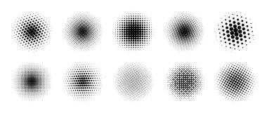 Yarım tonluk gradyan daire koleksiyonu. Noktalar yuvarlak desenli. Çizgi film çizgi romanı soluk arkaplan seti. Çerçeve, poster, kolaj, afiş ve broşür için soyut pikselleştirilmiş elementler. Vektör paketi