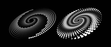 Yarım tonluk spiral set. Bakış açısında beyaz dinamik noktalı çizgiler. Logo, baskı, poster, şablon, simge ve afiş için radikal nokta girdabı elementleri. Yuvarlak teknoloji çizimi. Vektör çifti