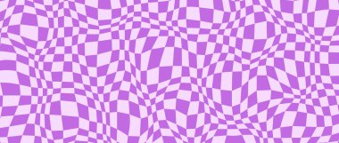 Trippy çarpık dama tahtası arka planı. Mor menekşe psikedelik damalı duvar kağıdı. Dalgalı harika satranç tahtası yüzeyi. Çarpık geometrik desen. Soyut retro vektör arkaplanı