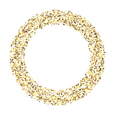 Altın konfeti dairesi çerçevesi. Işıltılı ışıltılı arka plan. Basit altın noktalar yuvarlak form. Işıl ışıl yarım ton zil. Noel süslemesi. Vektör illüstrasyonu 