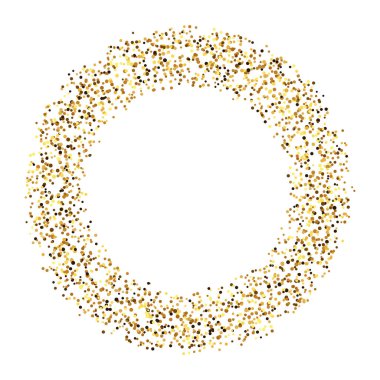 Altın konfeti dairesi çerçevesi. Işıltılı ışıltılı arka plan. Basit altın yuvarlak noktalar biçiminde. Işıl ışıl yarım tonluk bir yüzük. Noel süslemesi. Vektör illüstrasyonu 