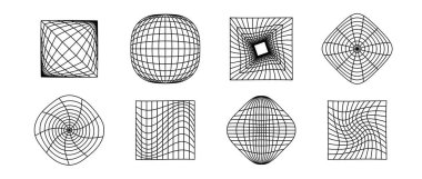 Küpler ve küreler kablo koleksiyonu. Farklı şekilli geometrik yüzey ızgarası. Farklı perspektif düzlemleri ve nesne kümesi. Posterler, el ilanları, kolajlar, şablonlar için vektör geometrik öge paketi