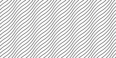 Dalga çizgileri kusursuz desen. Siyah dalgalı şeritler arka planda tekrarlanıyor. Çapraz dalgalı doku. Basit kıvrımlı doğrusal duvar kağıdı. Tekstil ve kumaş tasarım şablonu. Vektör