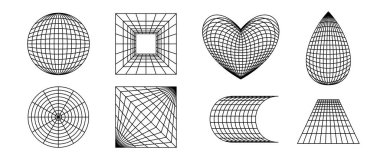 Kablo çerçeve formları ayarlandı. Farklı şekilli geometrik yüzey ızgarası. Çarpık perspektif düzlemleri ve nesneler toplanır. Posterler, el ilanları, kolajlar, şablonlar için vektör küp, küre, kalp, element bohçası 