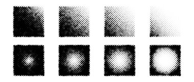 Yarım ton eğimli kare şekiller ayarlandı. Noktalı desenli küp koleksiyonu. Çizgi roman ve pop sanatında yuvarlak ve doğrusal gradyan azalıyor. Siyah tasarım elementleri. Pikselleştirilmiş arka plan paketi. Vektör