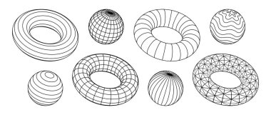 Torus ve küre koleksiyonu. Üç boyutlu ana hat farklı şekillerde şekillenir. Tasarım şablonları, simgeler, logolar için siyah geometrik elementler. Bağlı çizgileri olan soyut nesneler. Vektör paketi