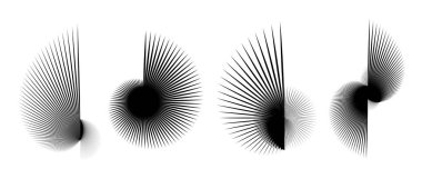 Soyut dikenli elementler ayarlandı. Radyal spiral teller, nesne koleksiyonu. İnce dikenli yarım daire şekilleri ve posterler, kolajlar ve dekorasyon için açısal güneş patlaması demetleri. Vektör gelecekçi paketi