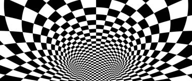 Soyut hipnotik warp kontrollü arka plan. Siyah beyaz çek duvar kağıdı. Psikedelik bükülmüş kare desen. Posterler, afişler, kapaklar için dönüşümlü şablon. Vektör optik yanılsama
