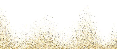 Altın parıltılı arka plan. Işıl ışıl küçük konfeti duvar kağıtları. Sıçrayan altın noktalar dokusu. Kenar çerçeve tasarımı. Noel, yeni yıl, afişler, afişler, el ilanları, kartlar için doğum günü şablonu. Vektör dekor