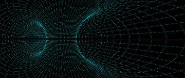 Solucan deliği kablo yapısı. Neon geometrik noktalı şebekeli tünel arka planı. 3 boyutlu huni ya da girdap dokusu. Mavi, koyu arkaplanda soyut enerji hatları çizmiş. Vektör illüstrasyon duvar kağıdı