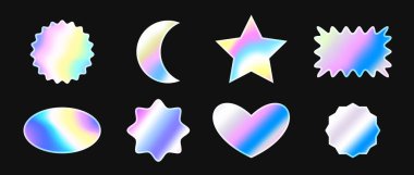 Holografik çıkartmalar ayarlandı. Farklı yanardöner hologram etiketleri koleksiyonu. Amblem, etiket, etiket, rozet, şablon, kolaj, poster, afiş için parlak gökkuşağı folyo ögesi paketi. Vektör illüstrasyon paketi