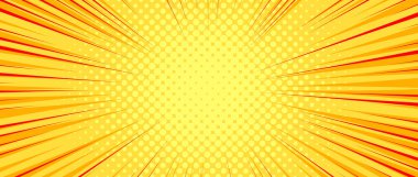 Sarı turuncu noktalı çizgi roman arka planı. Hız çizgileri, yarım tonlu pop sanat eserleri olan duvar kağıtları. Anime karikatür ışınları patlama arkaplanı poster, afiş, baskı, dergi, el ilanı için. Vektör illüstrasyonu