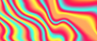 Psikedelik yanardöner arka plan. Parlak neon holografik duvar kağıdı. Mavi, turuncu, sarı, dalgalı, sıvı eğimli doku. Pankart, poster, kapak, yazı, el ilanı için vektör soyut asit trippy arkaplan