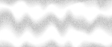 Yarım ton dalga eğimi dokusu. Solmuş gürültü tanecikli duvar kağıdı. Siyah ve beyaz grunge kumlu yüzey. Pikselleşmiş benekler, noktalar ve parçacıklar. Vektör dalgalı arkaplan