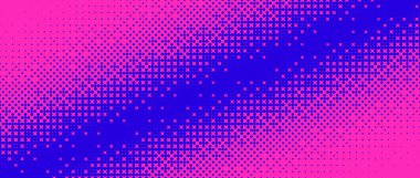 Pixelated köşe gradyan dokusu. Mavi ve pembe dither köşegen desen arka planı. Soyut kusurlu desen. Arızalı video oyunu ekran duvar kağıdı. Piksel sanat retro illüstrasyonu. Vektör bitmap arkaplanı