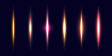 Neon ayırıcı hatlar kuruldu. Parlak dikey çizgiler koleksiyonu. Floresan elektrik çubukları paketi. Parlayan lazer ışınları LED efekt demeti. Poster, pankart, kapak için vektör pembesi, sarı, kırmızı elementler