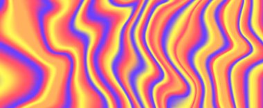 Psikedelik yanardöner arka plan. Renkli neon holografik duvar kağıdı. Mavi kırmızı turuncu dalgalı sıvı gradyan doku. Pankart, poster, broşür ve kaplama için soyut asit trippy arka plan. Vektör 