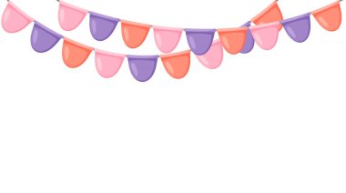 Kutlama bayrağı kiraz kuşu. Pembe, mor, turuncu flama zinciri. Düğün için parti bayrakları, doğum günü, bebek partisi, gelin partisi, Noel. Vektör çizgi arkaplanı