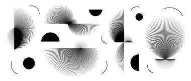 Soyut siyah eğimli sivri elementler ayarlandı. Radyal spiral teller, nesne koleksiyonu. İnce dikenli yarım daire ve daire şekilleri. Poster, kolaj ve afiş için açılı güneş patlaması. Vektör gelecekçi paketi