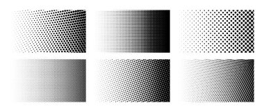 Farklı yarım ton eğimli arka planlar. Çizgi film desenli duvar kağıdı koleksiyonu. Siyah beyaz çizgi roman kapak paketi afiş, poster, baskı için. Pop Art noktalı vektör illüstrasyon paketi