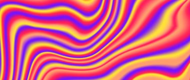 Psikedelik yanardöner arka plan. Parlak neon holografik duvar kağıdı. Mor kırmızı turuncu sarı dalgalı sıvı eğimli doku. Pankart, poster, broşür ve kaplama için soyut asit trippy arka plan. Vektör 